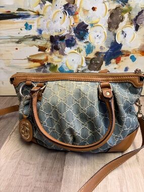 Authentic Gucci Denim Shoulder Bag with Tan Leather Trim